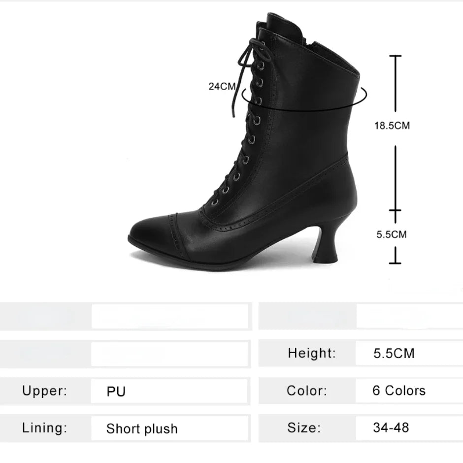 Soufree  - High Heeled Short Boots Women British Style Noble Knight Booties Pointed Toe Cross-tied Lace-up Ankle Boots Medieval Retro Boots