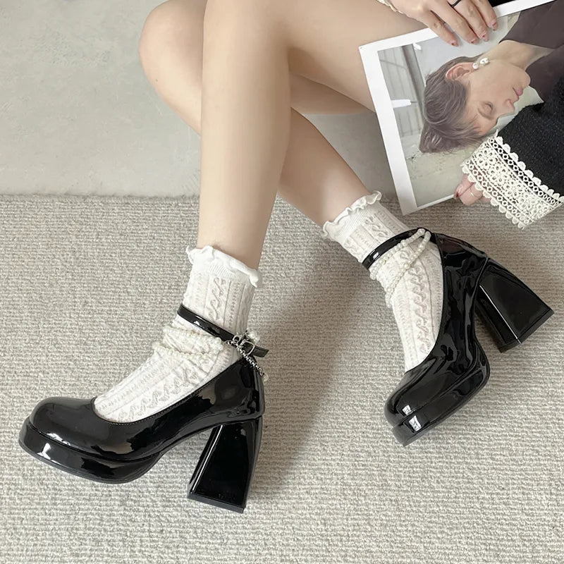 Soufree  - Vintage High Heels Mary Jane Shoes for Women Patent Leather Platform Pumps Woman Pearls Chain Thick-Heeled Shoes Female