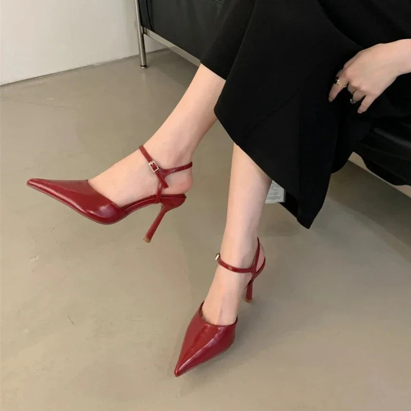 Soufree  -  prom shoes New Sexy Thin Heels Women Ankle Strap Pointed Toe Pumps Dress Shoes Female Shallow Fashion Elegant Slingbacks Sandals Women