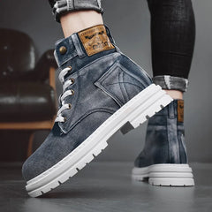 Soufree  -  Men's High Top Retro Denim Sneakers Are Fashionable Versatile, Lightweight and Outdoor Lace Up High Top Shoes  Hard-Wearing