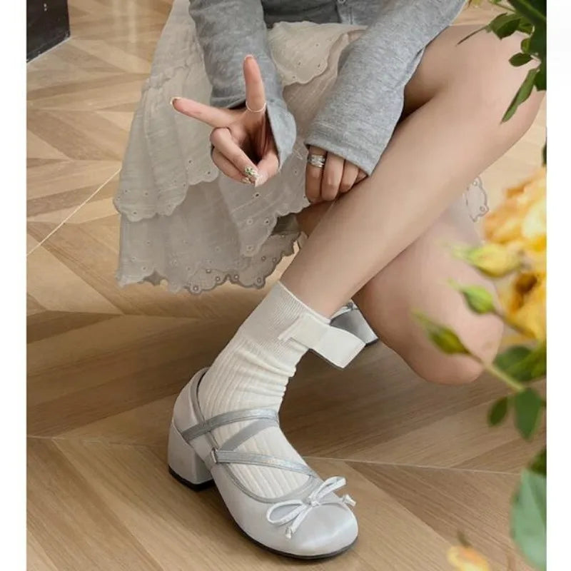 Soufree  -  Chunky Heels Lolita Pumps Shoes Hot Brand Spring Summer French Style Elegance Women Pumps Lace Up Ballet Style Single Shoes