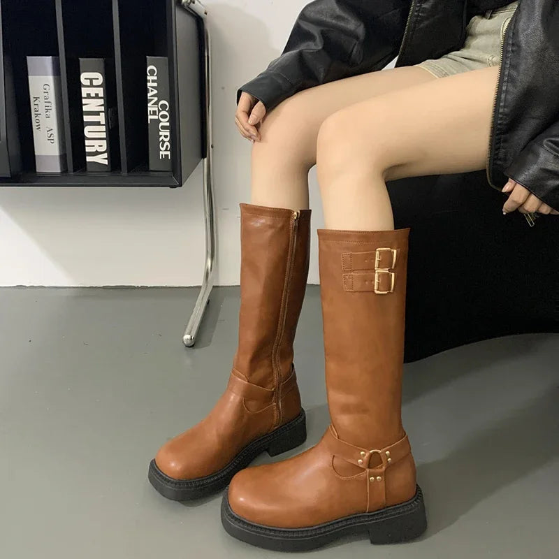 Soufree  -  Retro Style Women Knee High Boots Fashion Belt Buckle Knight Long Boots Platform Heels Autumn Winter Ladies Shoes