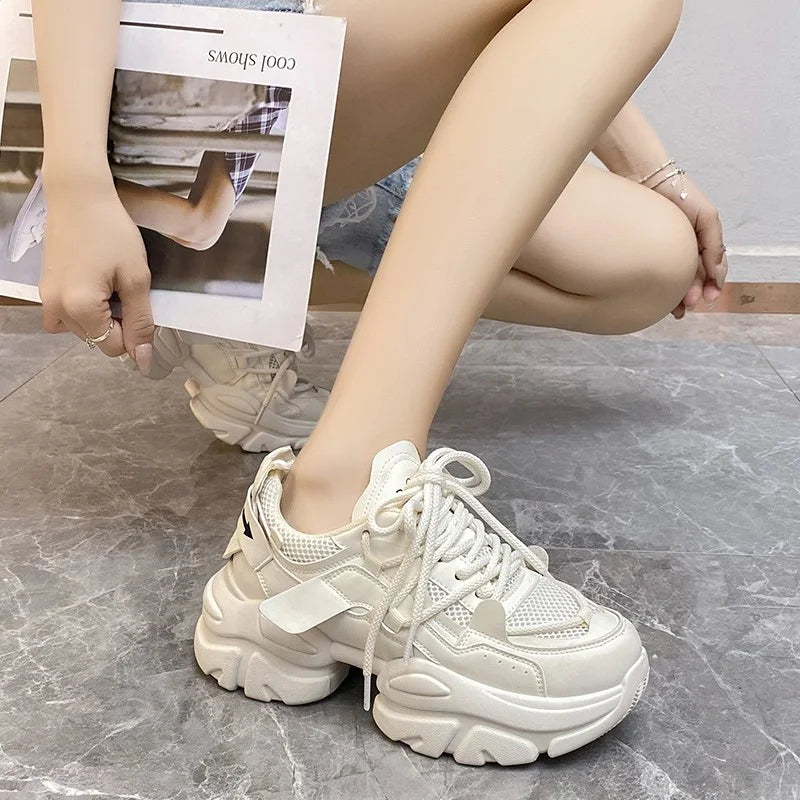 Soufree  -  Classic Chunky Sneakers Women Flats PU Lace up Mid Heels Round Toe Women Shoes Breathable Platform Vulcanize Shoes Plus Size