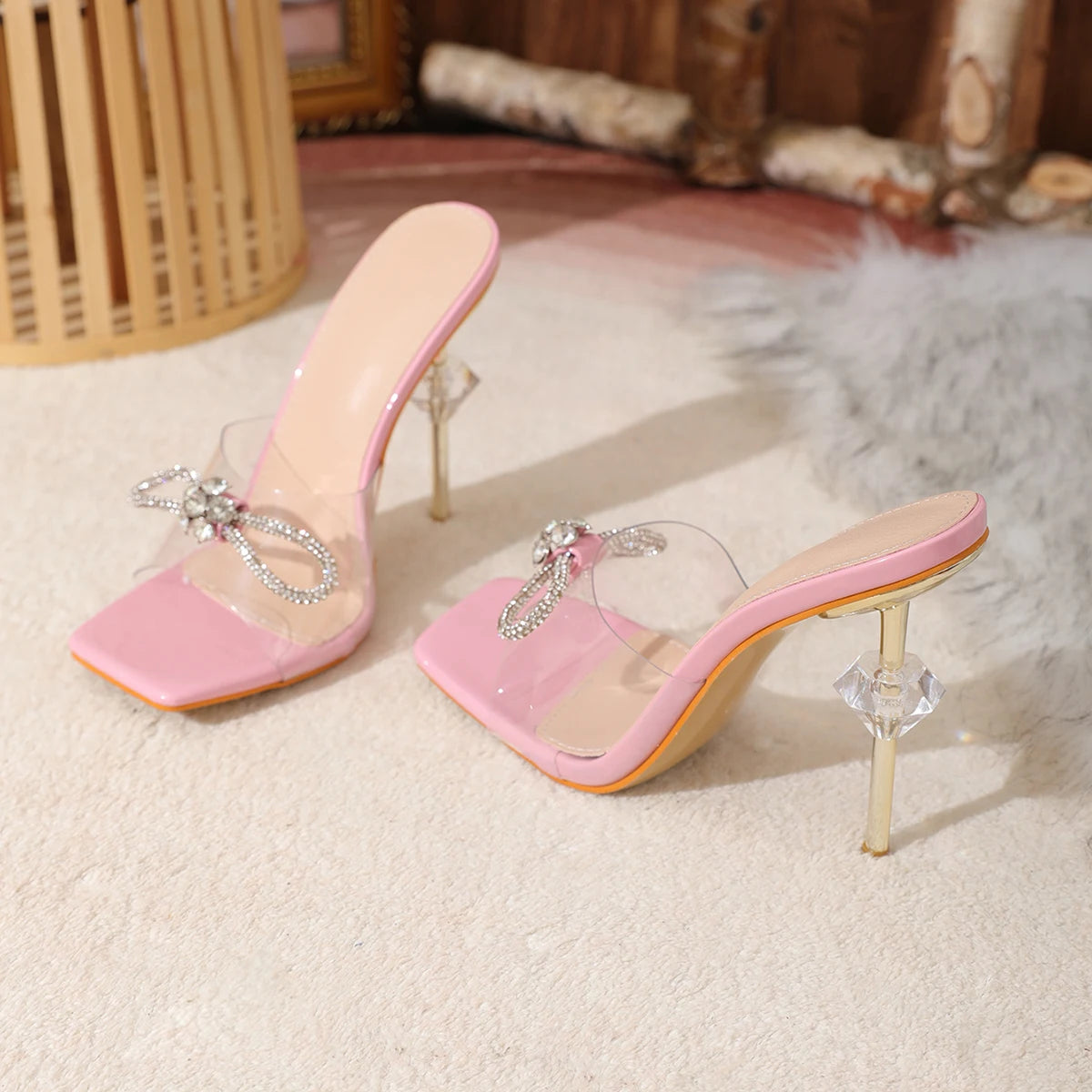 Soufree  -  Sequin Bowknot PVC Transparent Slippers For Women Sexy Square Toe Strange High Heels Sandals Summer Fashion Party Shoes