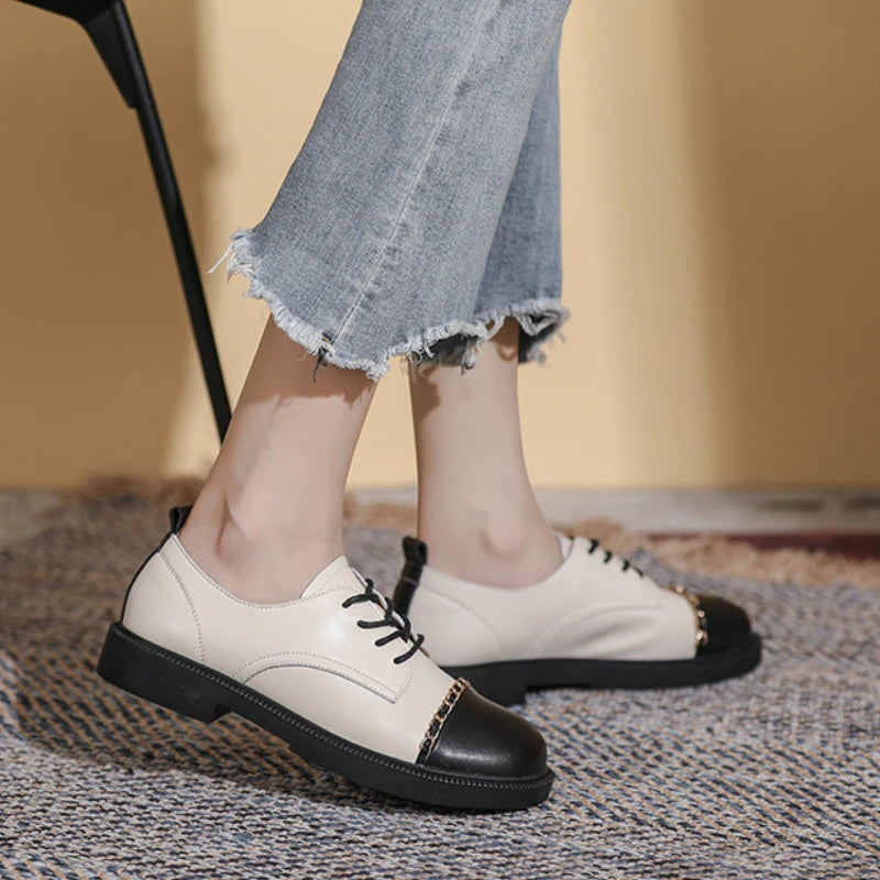 Soufree  -  Luxury Brand Women's Loafers British Style Retro Metal Chain Design Thick Heel Shoes High Quality PU Leather Soft Sole Shoe