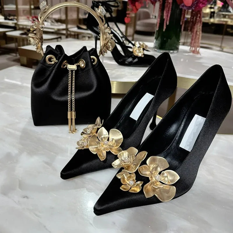 Soufree  -  Golden Flowers High Heels Women Silk Luxury Designer Sandal Metallic Flower Square Toe Pointed Fine Heel Party Dress Shoes Pumps