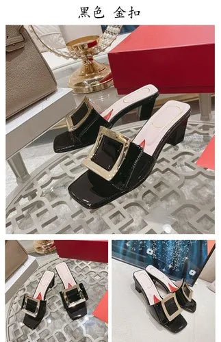 Soufree  -  Square buckle rhinestone fashionable women's shoes new square toe low thick heel open toe elegant sandals for external wear