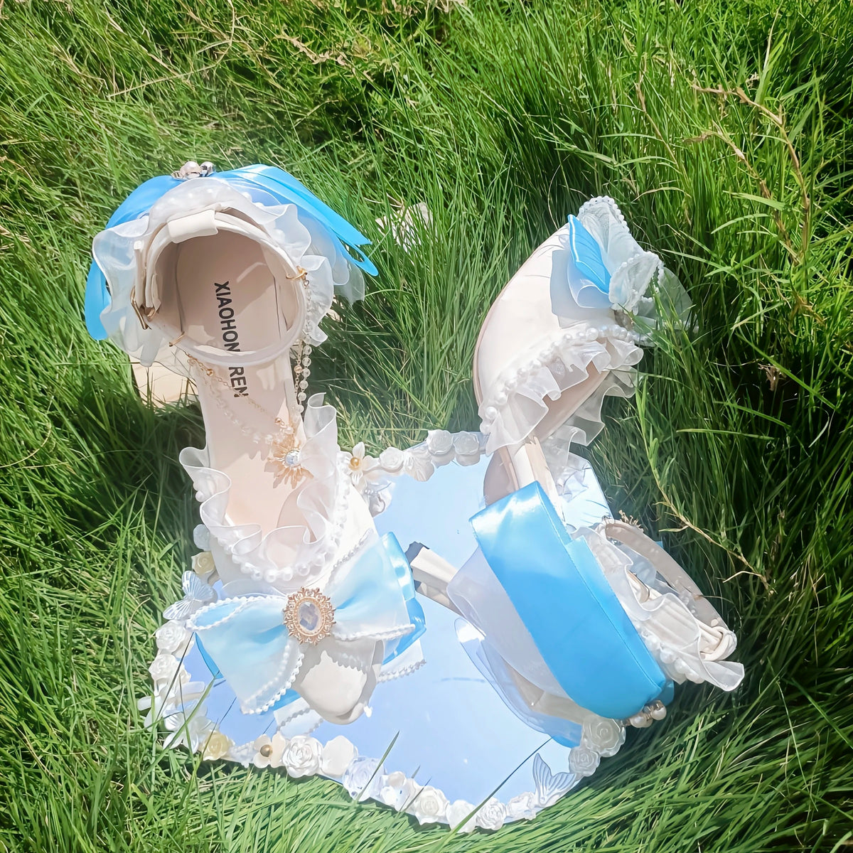 Soufree  -  Original Flower Wedding High Heels Lolita Pink Blue Thin Heel 6cm 8cm Lolita Cute Gentle French Sweet Loli Single Shoes