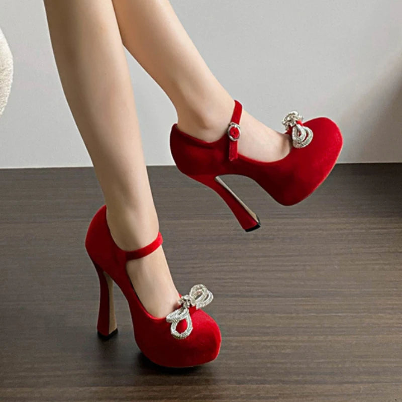 Soufree  -  Fashion Rhinestone Bow Design 13CM Super High Heels Women Luxury Brand Red Round Toe Suede Heeled Shoes Sexy Wedding Dress Shoes