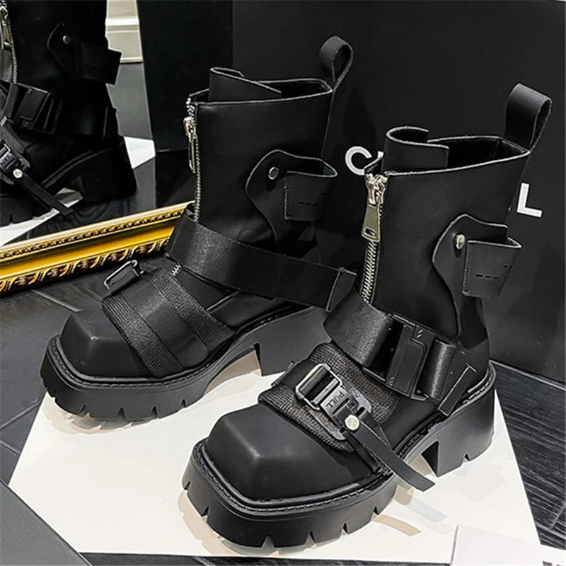 Soufree  -  Genuine Leather Square Toe Belt Buckle Thick Sole Chunky Heels Women Boots Black Zipper Fashion Punk Style Street Female Shoes