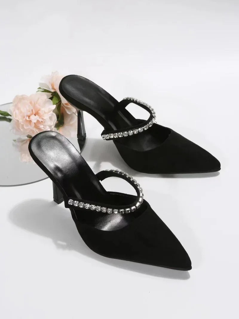 Soufree  -  Black high-heeled shoes women's spring new women's shoes stiletto pointed toe pumps satin rhinestone glitter mules pumps