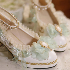 Soufree  -  French Vintage Lolita Girls Shoes Elegant Tea Party Palaca Ribbon Bowknot Pearls Gems Lace Pointed Sandals 5-6cm High Heeled