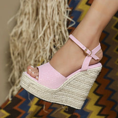 Soufree  -  Women's Fashion Sexy Stone Pattern PU Sandals Round Toe Platform Woven Buckle Strap Wedges Heels Shoes Party Club