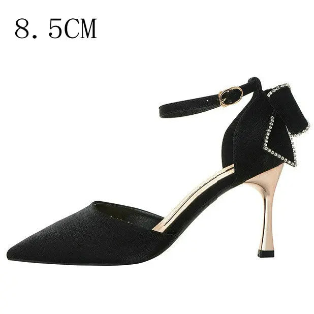 Soufree  - Star style Women Satin Pumps Fashion Rhinestones Stiletto High heels Party Shoes Summer Butterfly-knot Wedding Shoes