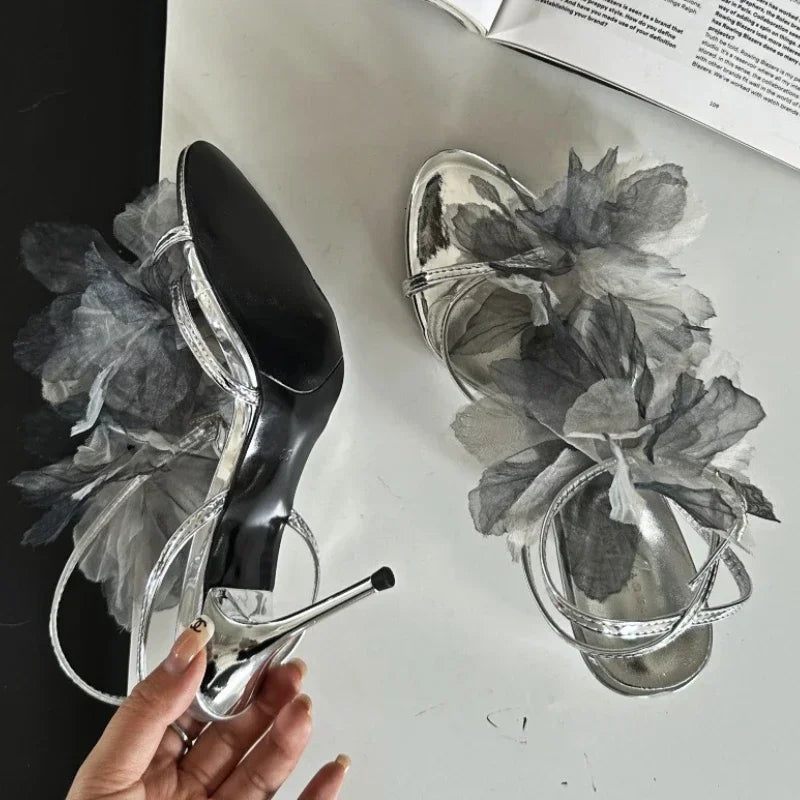 Soufree  -  Fashion Lace Flower Design High Heels Women Luxury Open Toe Thin Band White Flowers Sandals Female Party Dress Pumps Shoes Woman