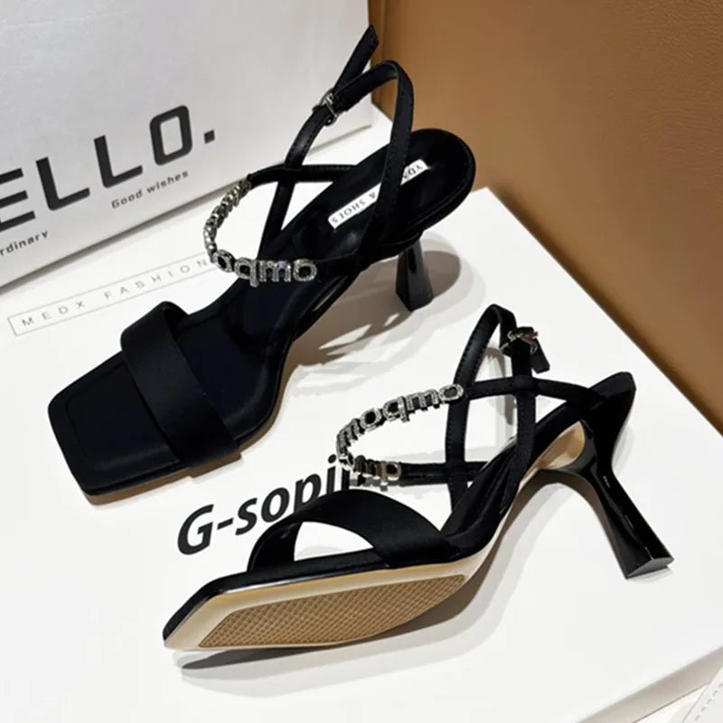 Soufree  -  Sexy Square Toe Thin Heeled Sandals Women Summer Fashion Rhinestone Letter Design Pumps Women Cross Strap Black High Heels