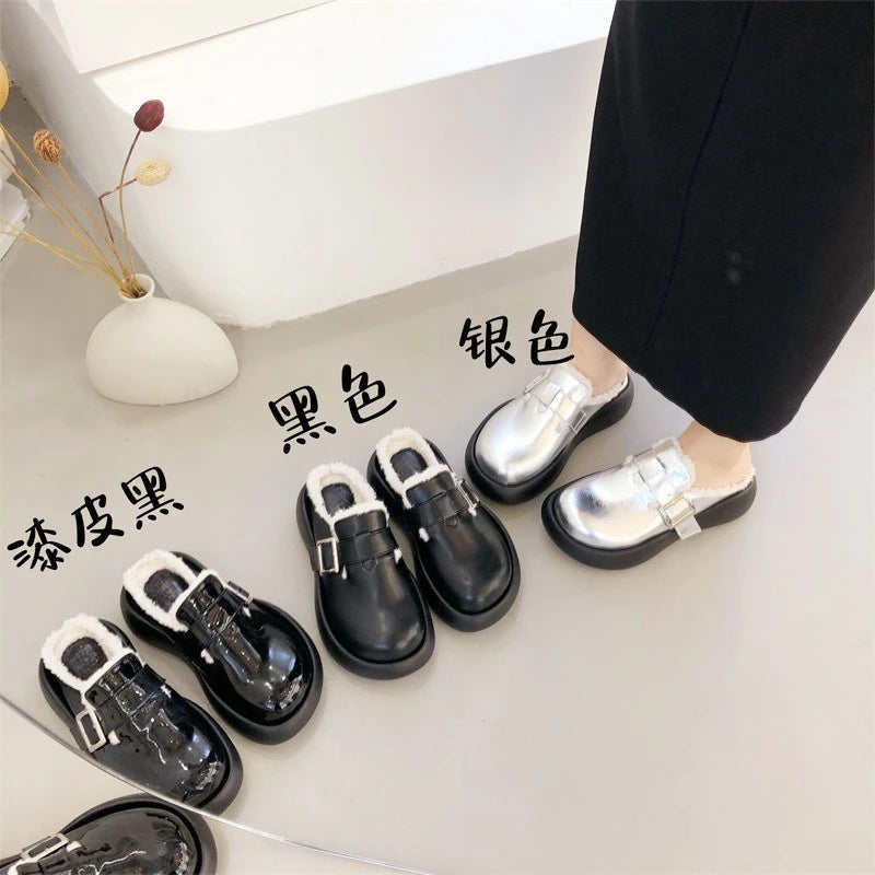 Soufree  -  Fashion Winter Leather Plush Slippers Women Outdoor Warm Waterproof Garden Shoes Casual Buckle Round Toe Ladies Flat Mules Shoes