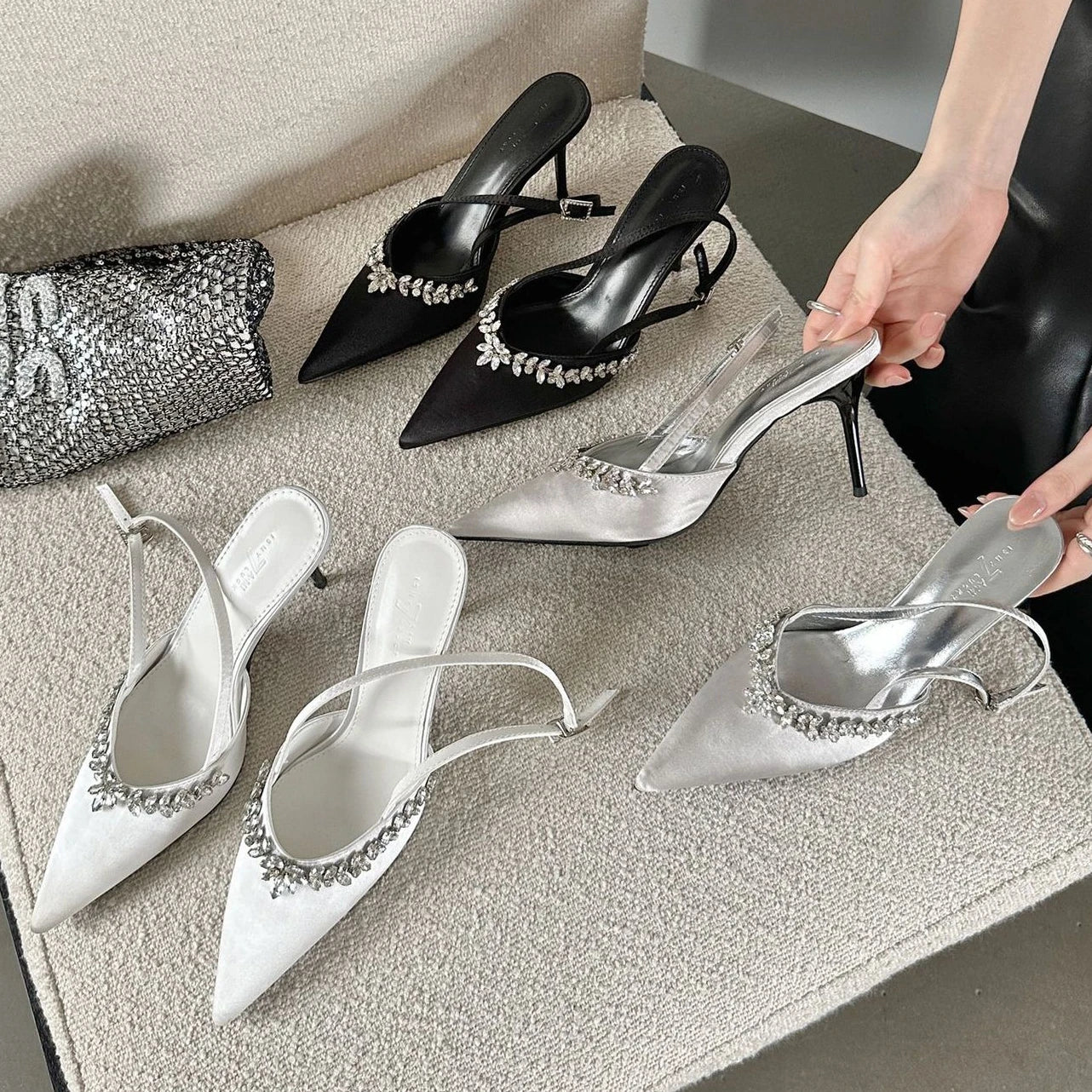 Soufree  -  Satin Rhinestone Luxury High Heels Women Sexy Designer Sandals Female Shiny Elegant Bridal Pointed Pumps Women Party Dress Shoes