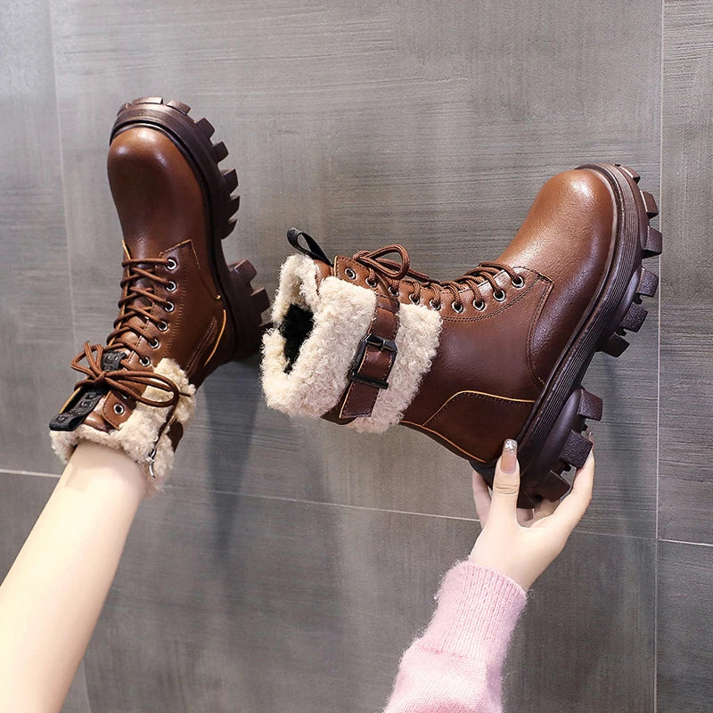 Soufree  -  Plush Cotton Boots Women's Autumn and Winter New Retro Thick Bottom Ankle Boots Muffin Bottom Plush women Boots