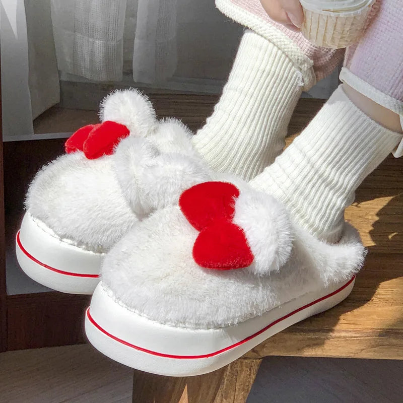 Soufree  -  Women Warm Fluffy Slippers Cute Bow Winter Home Floor Shoes Soft Plush Anti-slip Girl Indoor Cotton Slides Light Weight Footwear