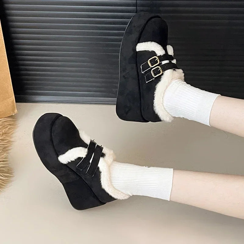 Soufree  -  Winter Fur Women Mary Jane Shoes Fashion Belt Buckle Shoes Outdoor Platform Heel Warm Cotton Shoes