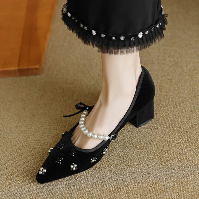 Soufree  -  Pearl Design Mary Jane Shoes Flannel Pointed Toe Pumps Women Elegant Fashion Dress Shoes Female Comfy Chunky Classic Women Shoes