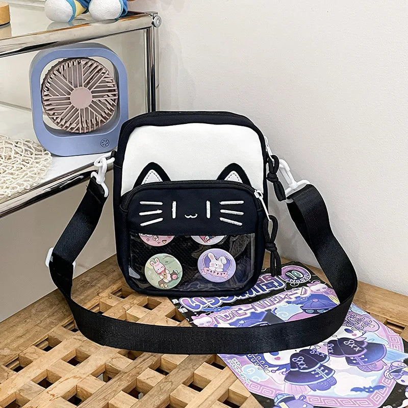 Soufree  -  Harajuku Mini Women Ita Bags Women Casual Nylon Cartoon Cat Embroidered Bolso Mujer Daily Subculture DIY Badge Bag Female