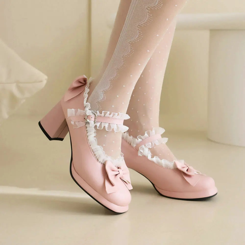 Soufree  -  Plus-Size Women Lolita Shoes with Bowknot Lace Trim Maid Cosplay for Crossdressers Men JK Girls PU Leather Pumps Chunky Heels