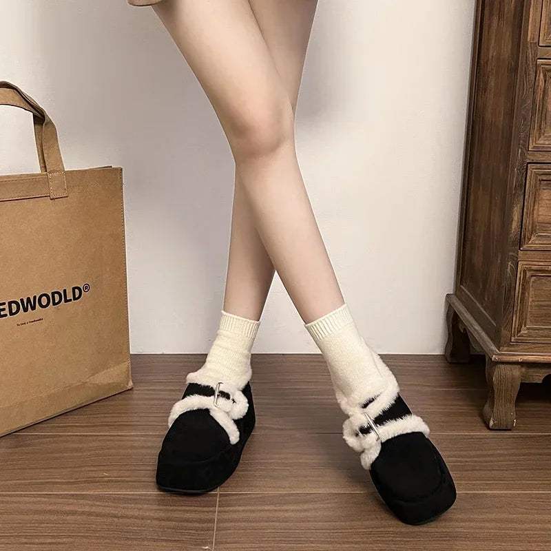 Soufree  -  Winter Warm Cotton Women Mary Jane Shoes Fashion Belt Buckle Shoes Concise Platform Heel Shoes