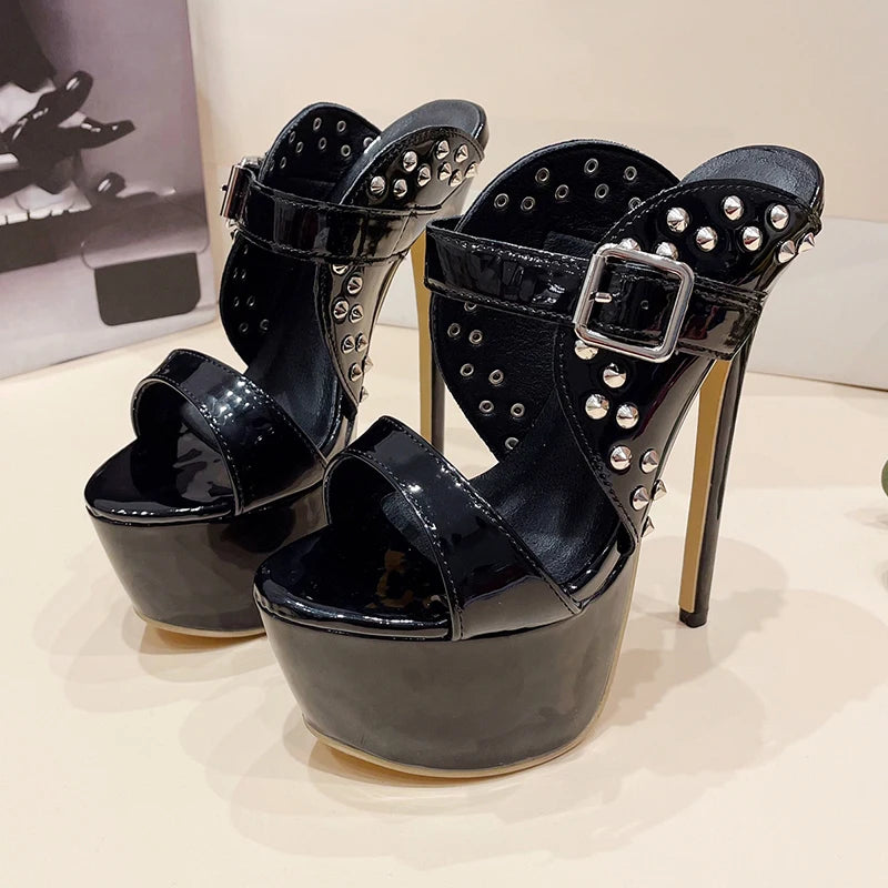 Soufree  -  Sexy Fashion 16CM High Heeled Thick Platform Mules Sandal Rivet Buckle Strap Cross Dressing Party Shoes Black