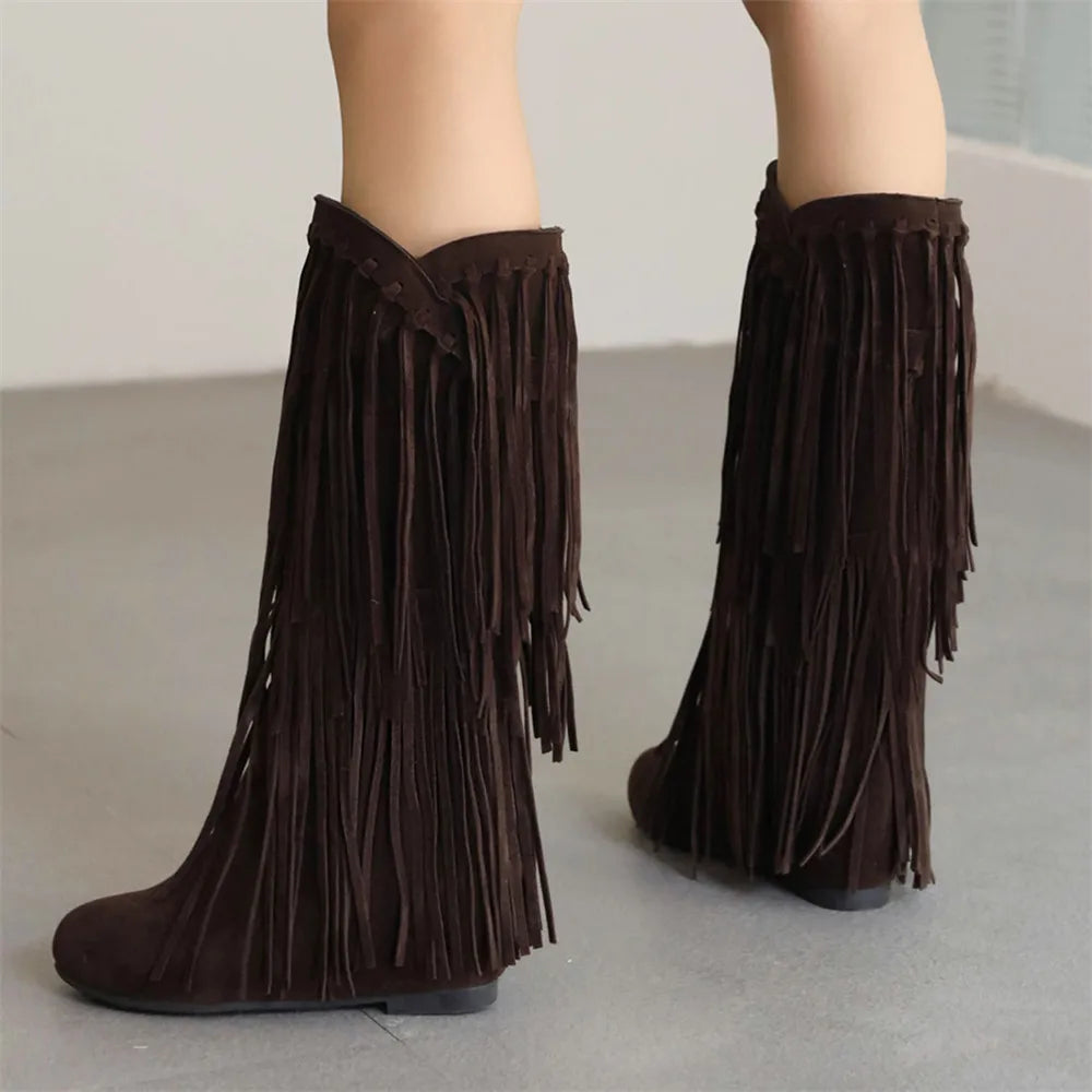 Soufree  -  Fashion Ethnic Woman Bohemian Flock Tassle Hidden Moccasin Mid-Calf Boots Fringe Female Slip On Shoes Autumn Winter New