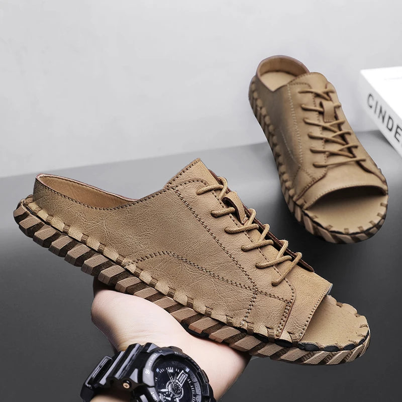 Soufree  -  New New Casual Top Leather Slippers Handmade with Personalized Lace Up and Super Fiber Leather Sandals Plus Size 39-46