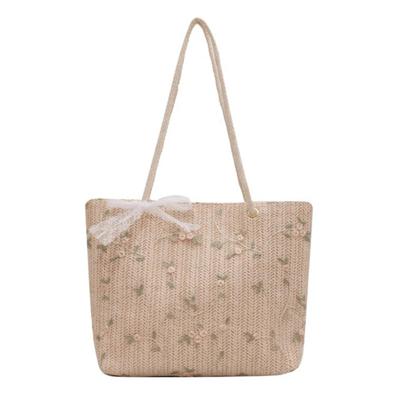 Soufree  -  Summer Women Straw Woven Shoulder Bag Straw Bag Flower Embroidery Lace Beach Handbags Casual Ladies Large Capacity Totes Pouch