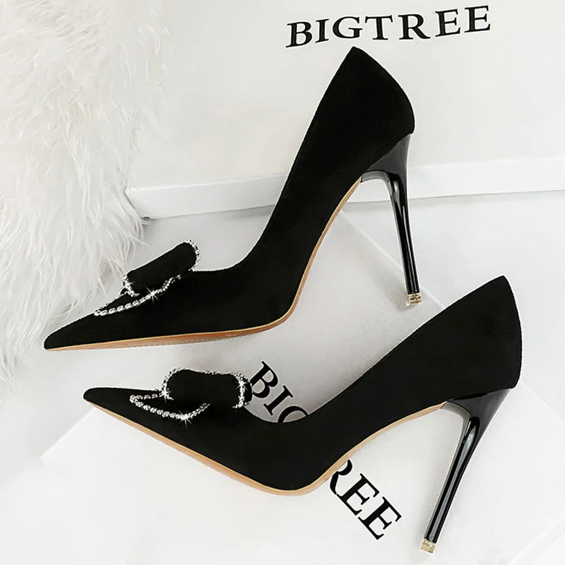 Soufree  - Rhinestone Bowknot Woman Pumps Suede High Heels Sexy Party Shoes Pointed Stilettos Women Heels Luxury Pumps Large Size 42 43