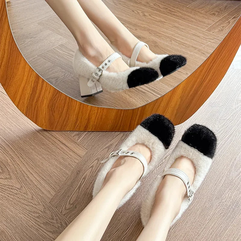 Soufree  -  Fashion Furry Mary Jane Shoes Women Winter Cute Warm High Heels Square Heel Belt Buckle Design Women Pumps Zapatos De Mujer