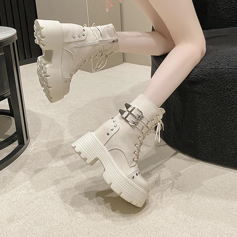 Soufree  -  Women Boots High Heels Shoes Lace Up Winter Footwear Round Toe Boots-Women Stiletto Autumn Rock Lolita Ladies Ankle PVC Sol