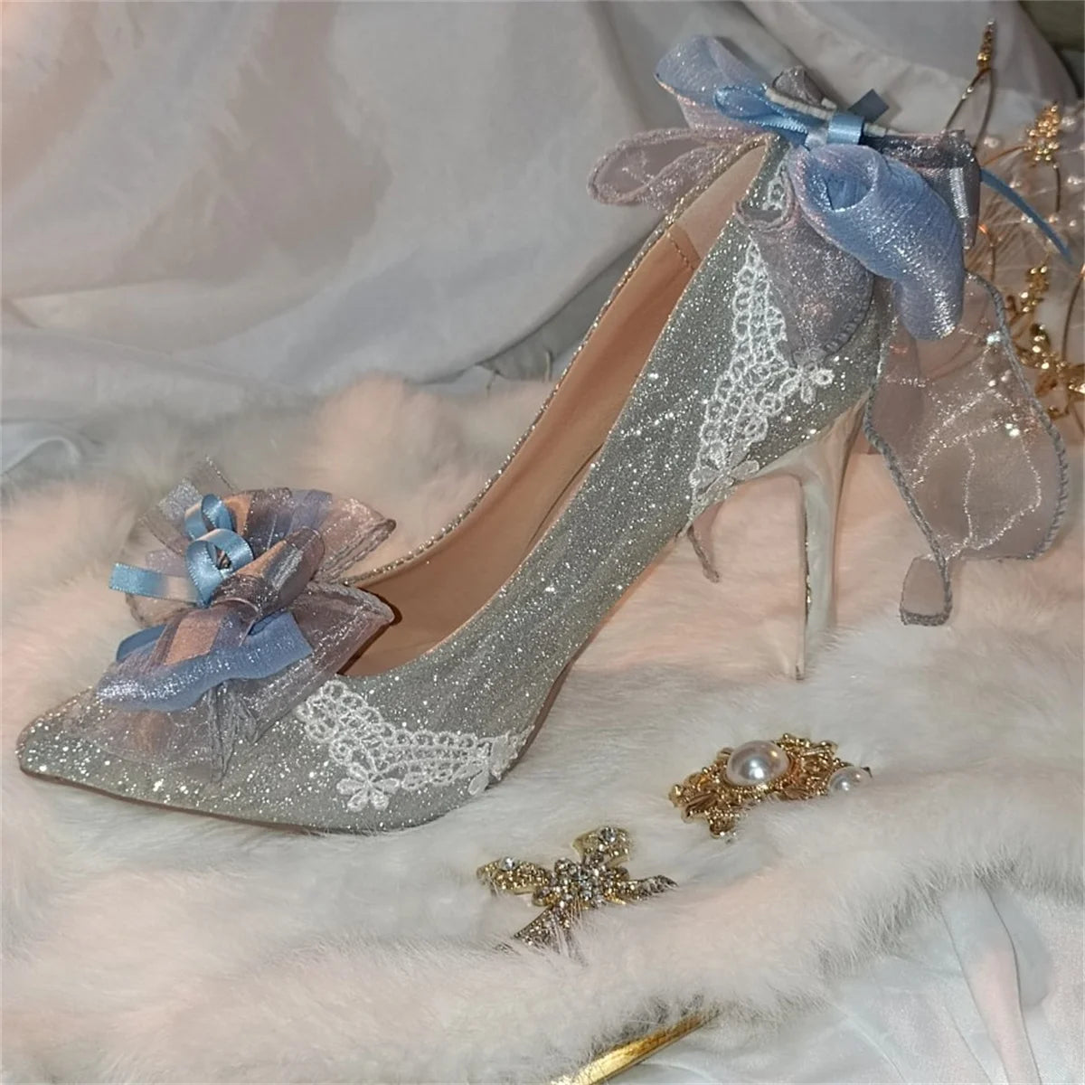 Soufree  -  Retro Court Style Lolita Cosplay Victoria Flower Wedding Tea Party Girl Gorgeous Lace Bow Gemstone 6-8cm High Heeled Shoes