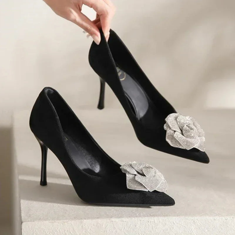 Soufree  -  prom shoes Luxury Rhinestone Flower Pumps Women Pointed Elegant Office High Heeled Female Fashion Party Dress Shoes Floral Thin High Heel