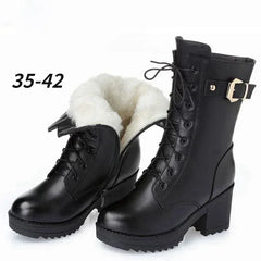 Soufree  -  Winter Leather Women Winter Boots Thick Wool Warm Women High-heeled Genuine Boot High-quality Female Snow Boots Women Shoes