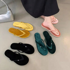 Soufree  -  Shoes Women Female Slippers Slides Fashion Low Rubber Flip Flops Soft Luxury Summer Hawaiian Flat Rome Hoof Heels Fabric