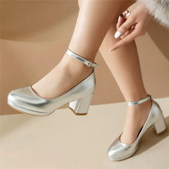 Soufree  -  Women Pumps Shiny High Heels Wedding Party Sexy Platform Slip On Shoes Round Toe Thick Heels Lolita Silver Gold Shoes for Spring