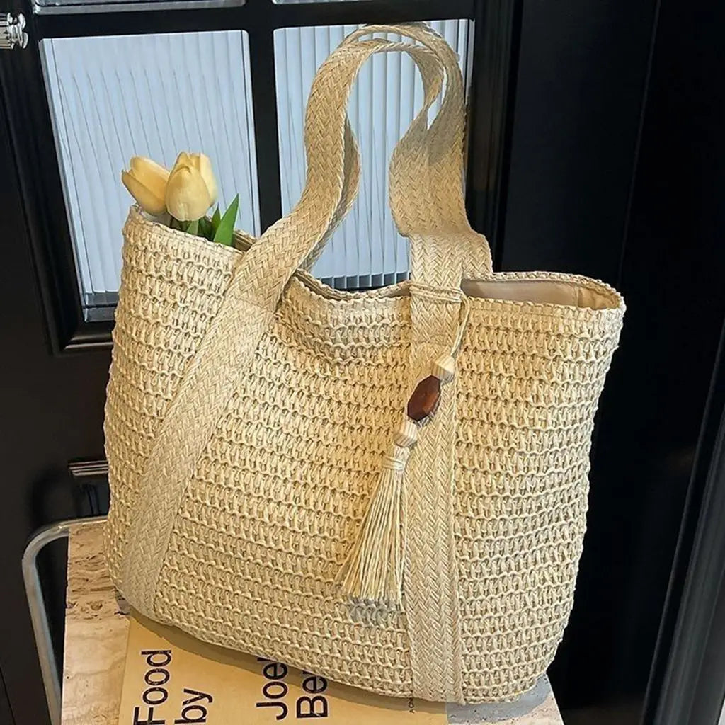 Soufree  -  Straw Woven Shoulder Bags for Women Summer Beach Handbag with Tassel Female Fashion Handbag in Khaki Beige