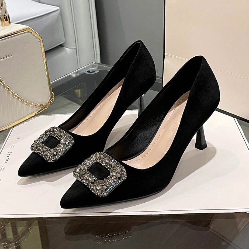 Soufree  -  Luxury Low Heeled Suede Shoes Women's Pumps Pointed High Heels Party Dress Shoes Sexy Square Crystal Elegant Office Shoes