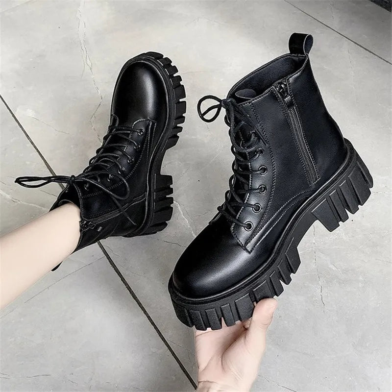 Soufree  -   Chunky Platform Ankle Boots Women Pu Leather Square Heels Combat Boots Woman Lace Up White Black Short Booties Female