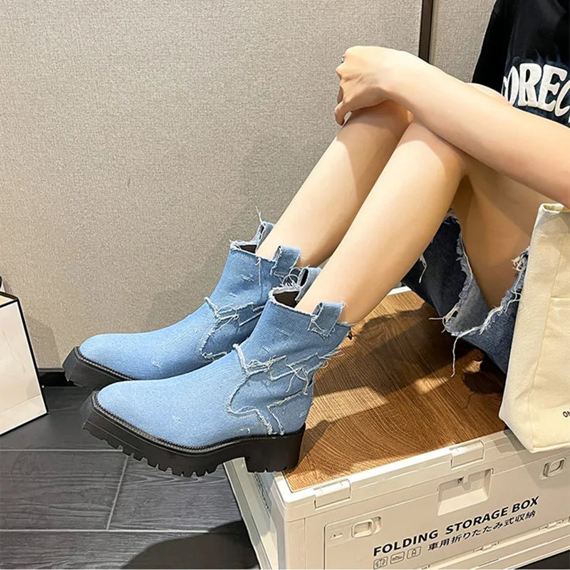 Soufree  -  Cowboy Fabric Ankle Boots Women Retro Thick Heel Platform Boots for Women Original Design Pointed To Chelsea Bota Feminina