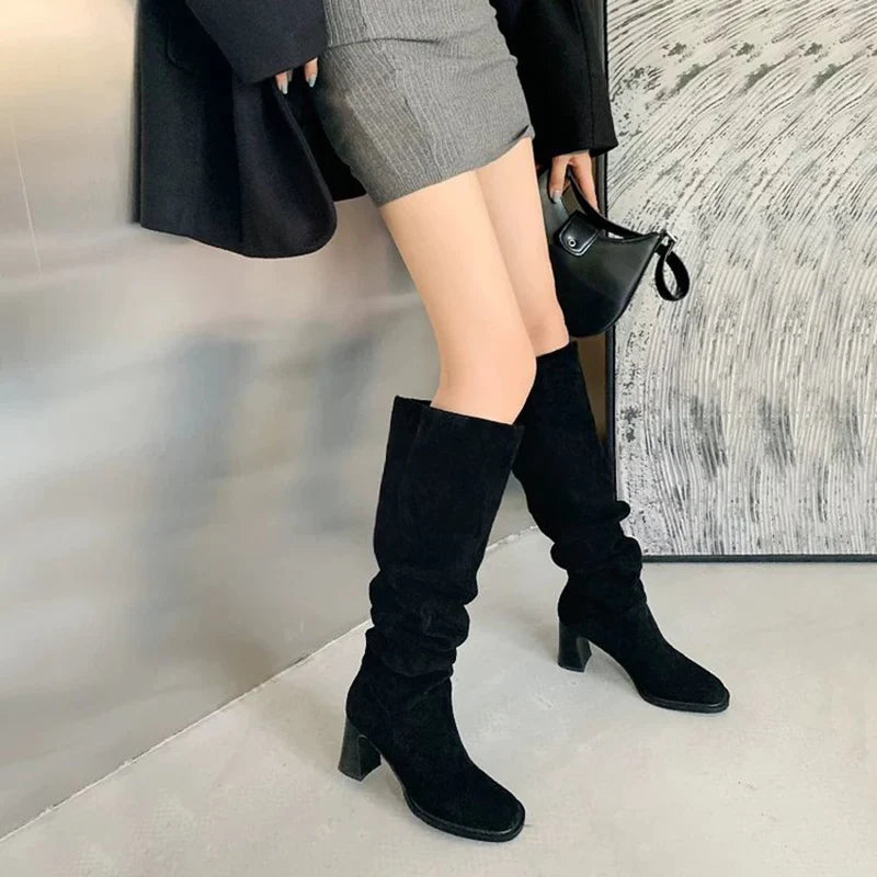 Soufree  -  Faux Suede High Heels Long Boots Women Winter Fashion Pleated Cowboy Boots Woman Round Toe Slip-On Riding Botas De Mujer