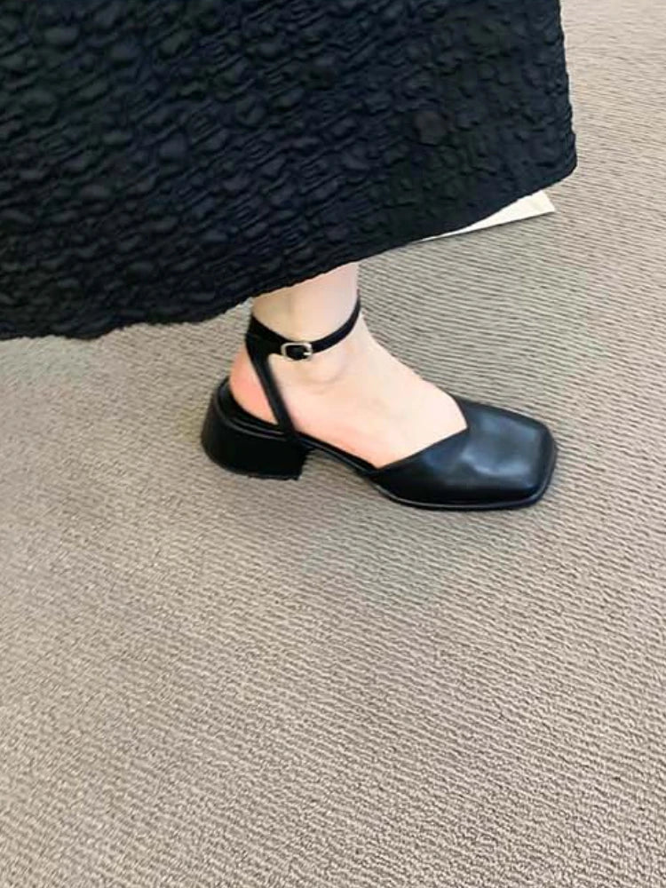 Soufree  -  Summer Hollow Out Pure Color Sandals Woman Non Slip Casual Elegant Shoes Beach Korean Style Buckle Medium Heels Shoes Slim