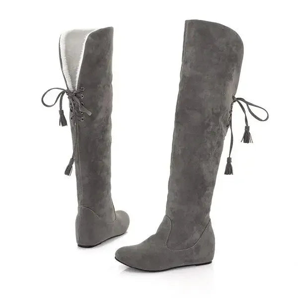 Soufree  -  unique shoes Sexy Womens Boots Faux Suede Over The Knee Flat Warm Boots Comfortable Thigh High Boots Lace-up Woman Winter Shoes High Quality