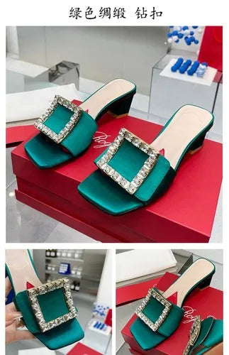 Soufree  -  Square buckle rhinestone fashionable women's shoes new square toe low thick heel open toe elegant sandals for external wear