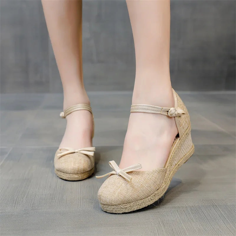 Soufree  -  Female Sandal Fashion Womens Shoes  Clogs Wedge Flax Large Size Girls Luxury New Beige Platform Linen Comfort Pointed Low